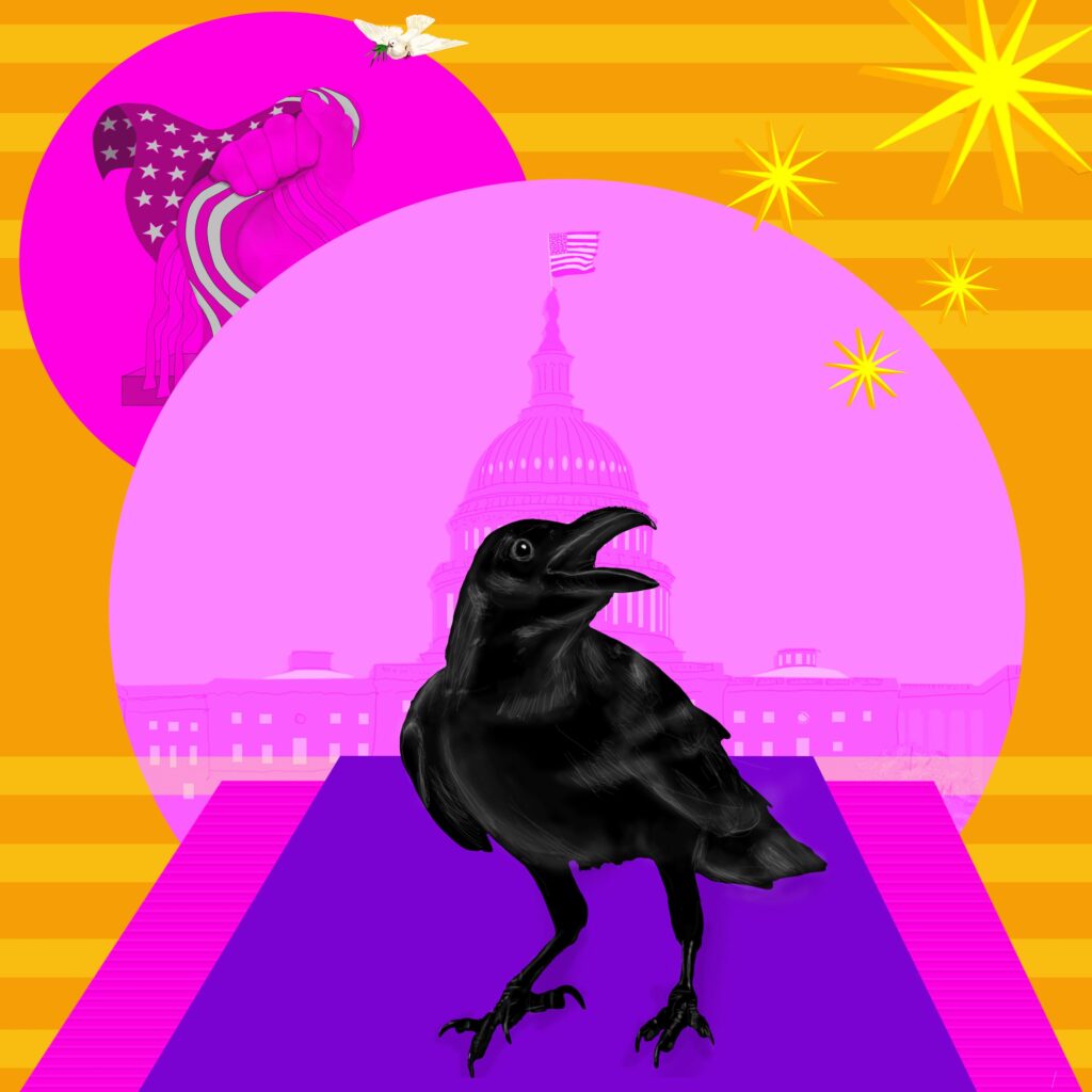 A black crow is in the foreground, with symbolic illustrations of American institutions as part of the pink and orange background. Artwork by Lyne Lucien.